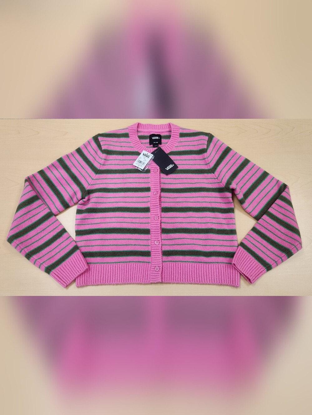 **NEW NWT** VANS Dolly Fizz Pink Green Stripe Striped Cardigan Button Sweater